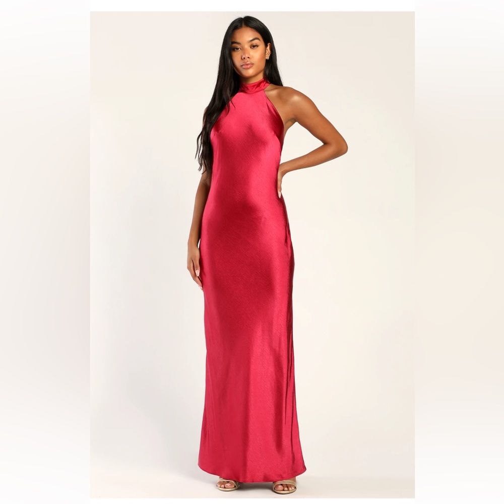 Lulu’s Red Satin Halter Maxi Dress